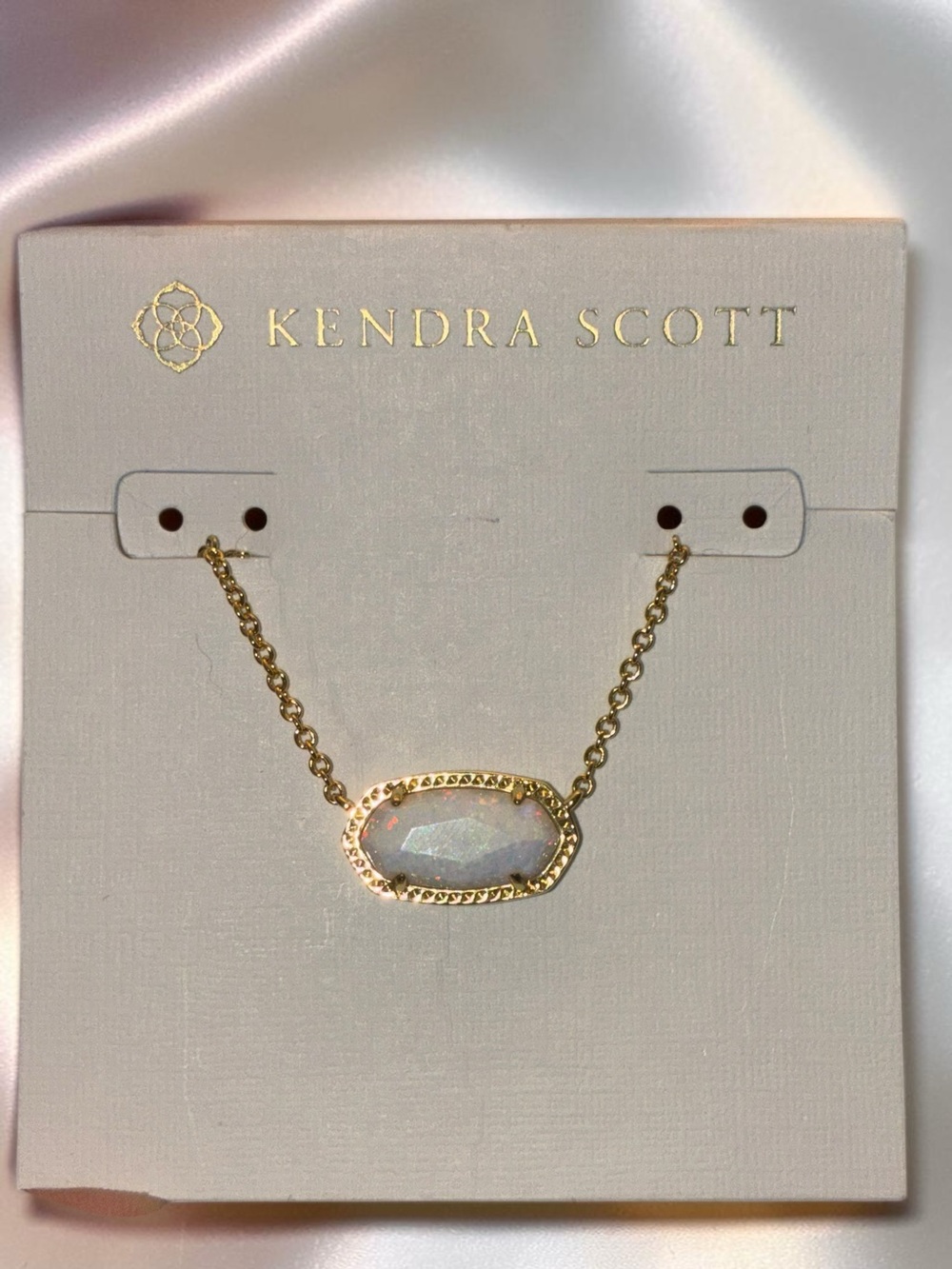 KENDRA SCOTT White Fire Kyocera Opal Pendant on 14k Gold Chain Necklace NEW NWT
